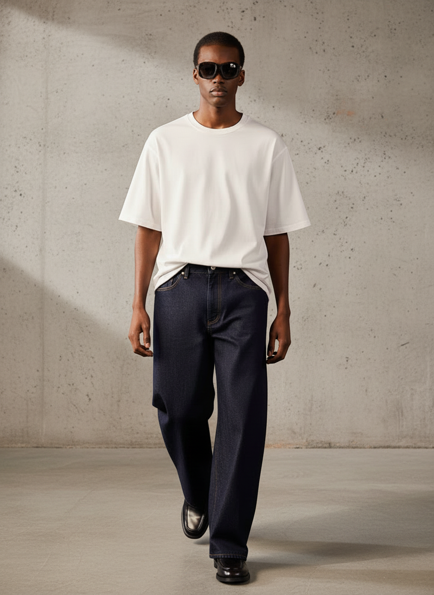 Men's Curved Leg Denim Jeans Blue - Fashion Loose Fit Pants