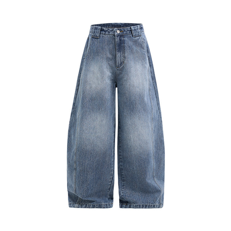 Men's Curved Leg Vintage Wash Denim Jeans - Retro High Street Pants