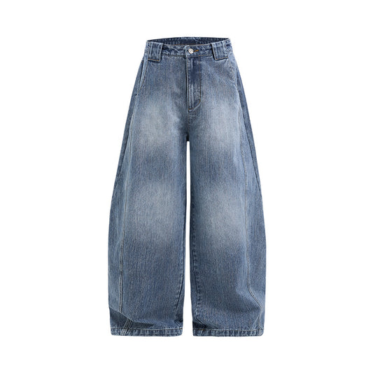 Men's Curved Leg Vintage Wash Denim Jeans - Retro High Street Pants